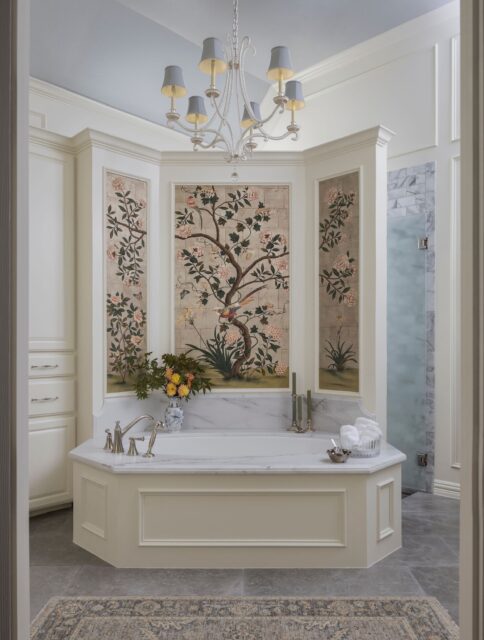 A primary bath that reads more like a piece of art than a place to get ready.Wallpaper that frames the tub instead of more tile or art. Marble surround and nickel fixtures keep the rest of the room quiet, picked to disappear instead of competing. Every detail is in service of one thing, a wallpaper moment unlike anything we’ve done before.#dallasinteriordesigner #bathroomdesign #luxuryhomes #dfwhomes #livableluxury